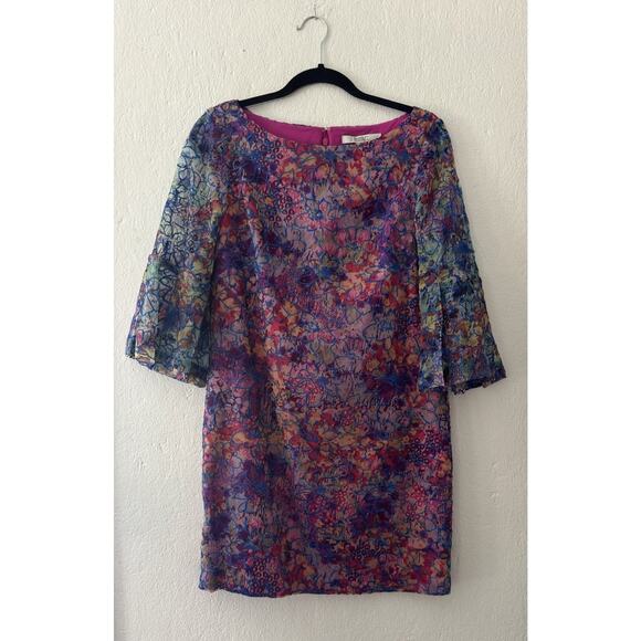 Badgley Mischka Pink Blue Floral Mini Flutter Bell Sleeve Cocktail Dress Size 4 - Picture 1 of 10